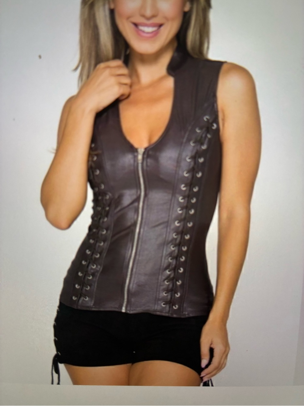 Sleeveless Gray  Faux Leather Lace-Up Zip Front Camisole